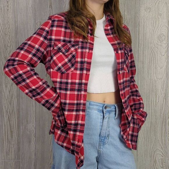 Ci Sono Womens Medium Button Front Flannel Shirt Jacket Red Blue Plaid Pockets - Picture 1 of 7